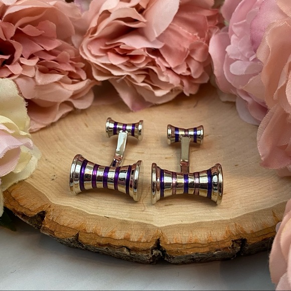 Elegant Double Barrel Two Tone Purple and Silver Cufflinks - Picture 5 of 16